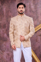 Cream Art Silk Weaving Work Jodhpuri Male Suit & Pant - close-up view