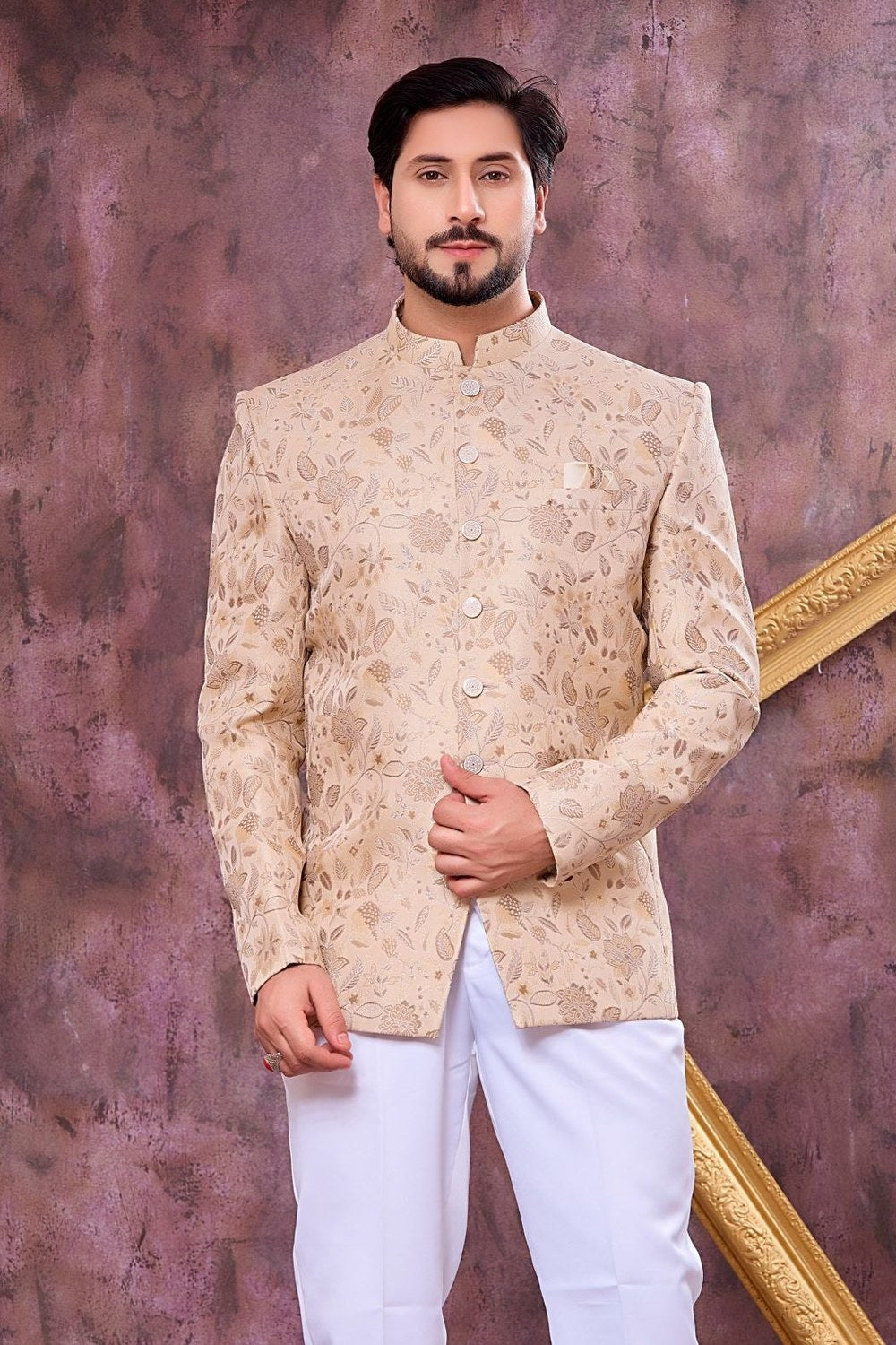 Cream Art Silk Weaving Work Jodhpuri Male Suit & Pant - close-up view