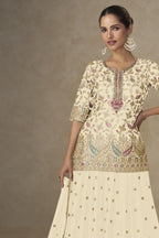 Cream Chinon Silk Palazzo Suit For Indian & Pakistani Wedding Festival - Sequins & Thread Embroidery Work - close-up view