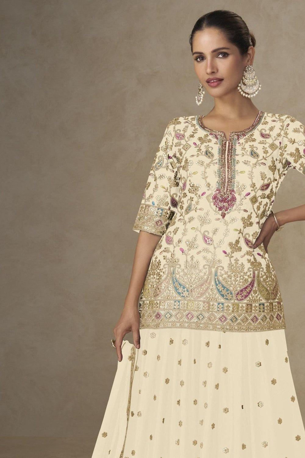 Cream Chinon Silk Palazzo Suit For Indian & Pakistani Wedding Festival - Sequins & Thread Embroidery Work - close-up view