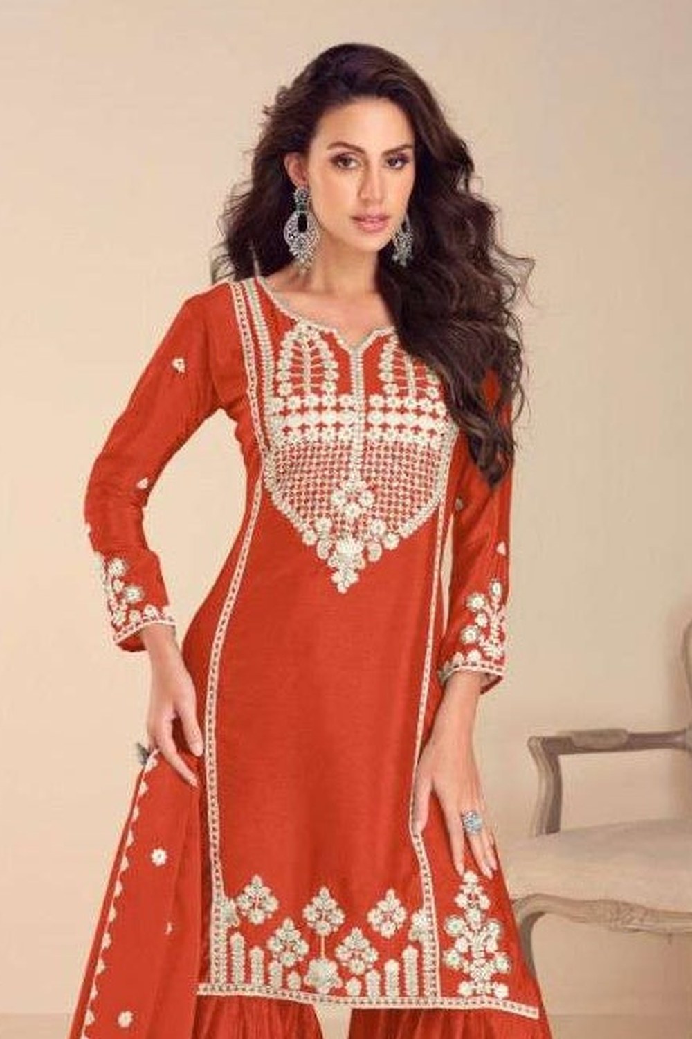 Red Chinon Silk Sharara Suit For Indian & Pakistani Wedding Festival - Embroidery Work, Khatli Work - close-up view