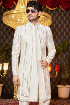 Cream Art Silk Traditional Indo Western Sherwani Long Kurta & Pant for Men for Wedding - Embroidery Work - close-up view