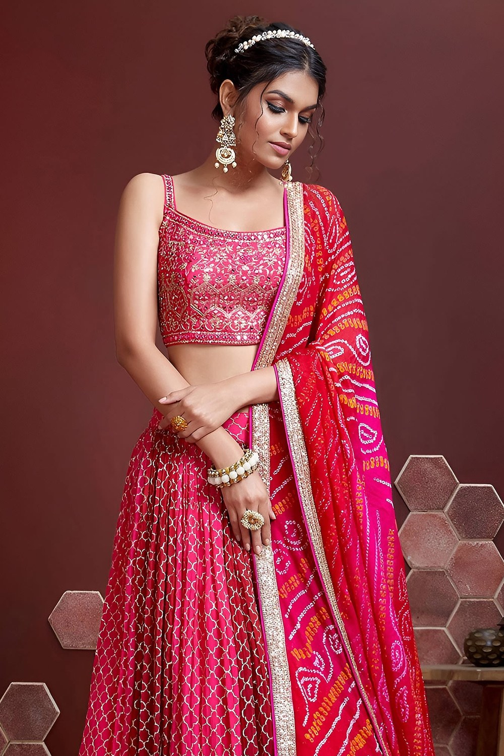 Pink Banglori Silk Party Wear Lehenga Choli For Indian & Pakistani Wedding Festival - Sequins & Thread Embroidery Work, Print Work, Real Mirror Work - close-up view