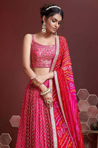 Pink Banglori Silk Party Wear Lehenga Choli For Indian & Pakistani Wedding Festival - Sequins & Thread Embroidery Work, Print Work, Real Mirror Work - close-up view