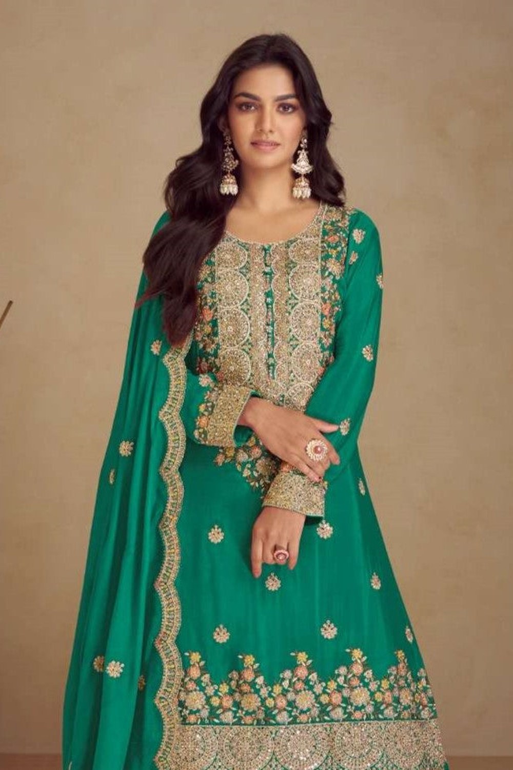 Teal Green Chinon Silk Plazo Dress for Women with Thread Work - close-up view