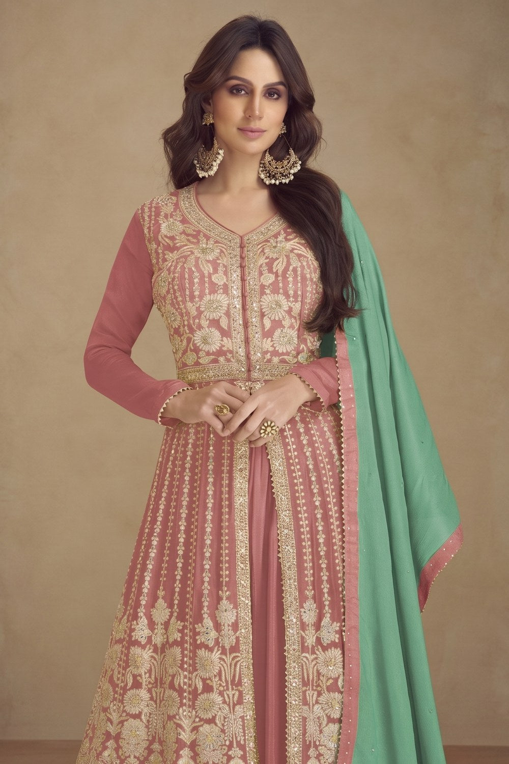 Dusty Rose Chinon Silk Palazo for Sangeet with Thread Work - close-up view