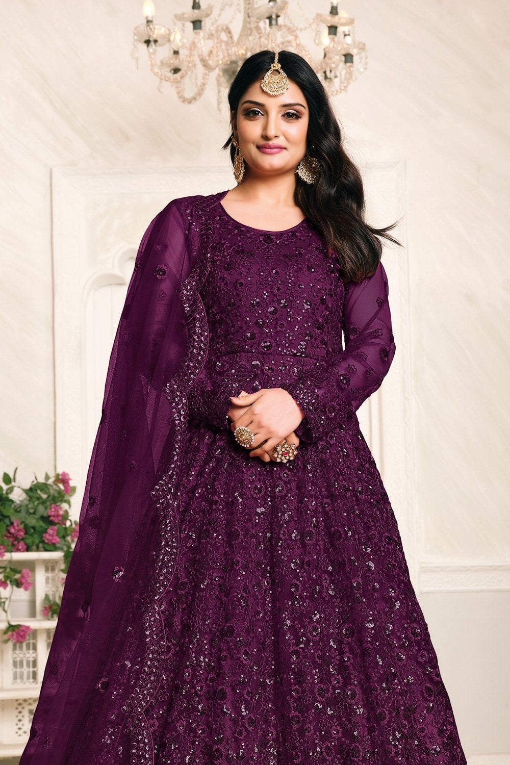 Purple Net Anarkali Outfits for Mehndi with Sequins and Thread Work - close-up view