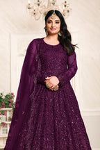 Purple Net Anarkali Outfits for Mehndi with Sequins and Thread Work - close-up view