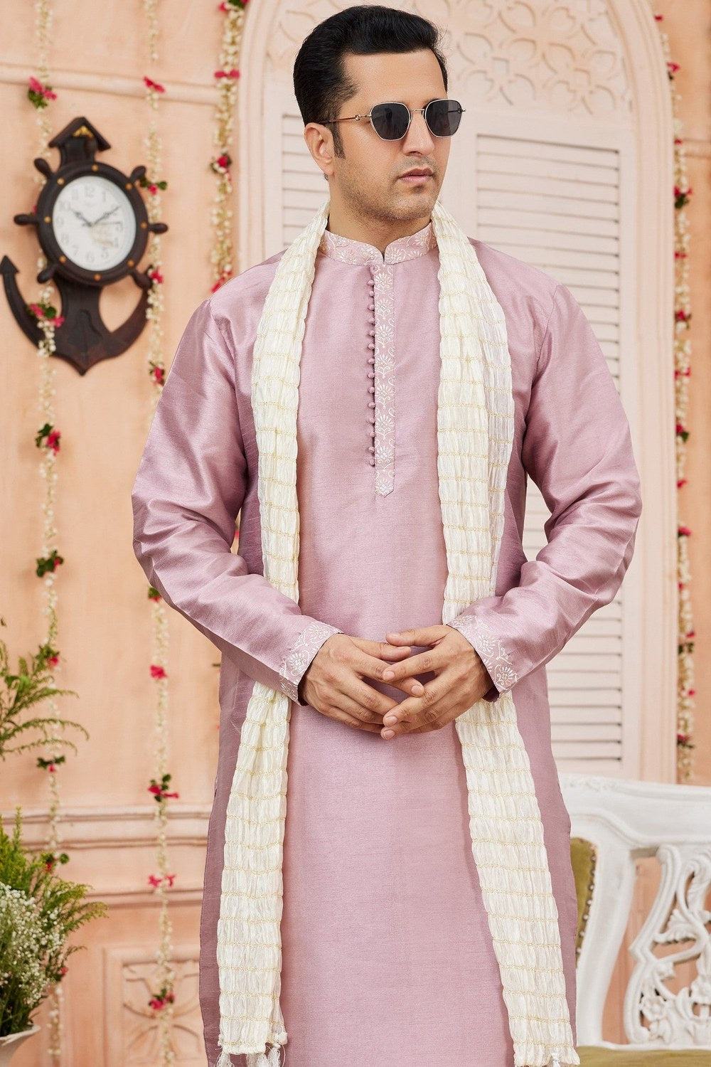 Pastel Pink Art Silk Plain Kurta Pajama with Stole Scarf for Men for Festivals & Wedding - close-up view
