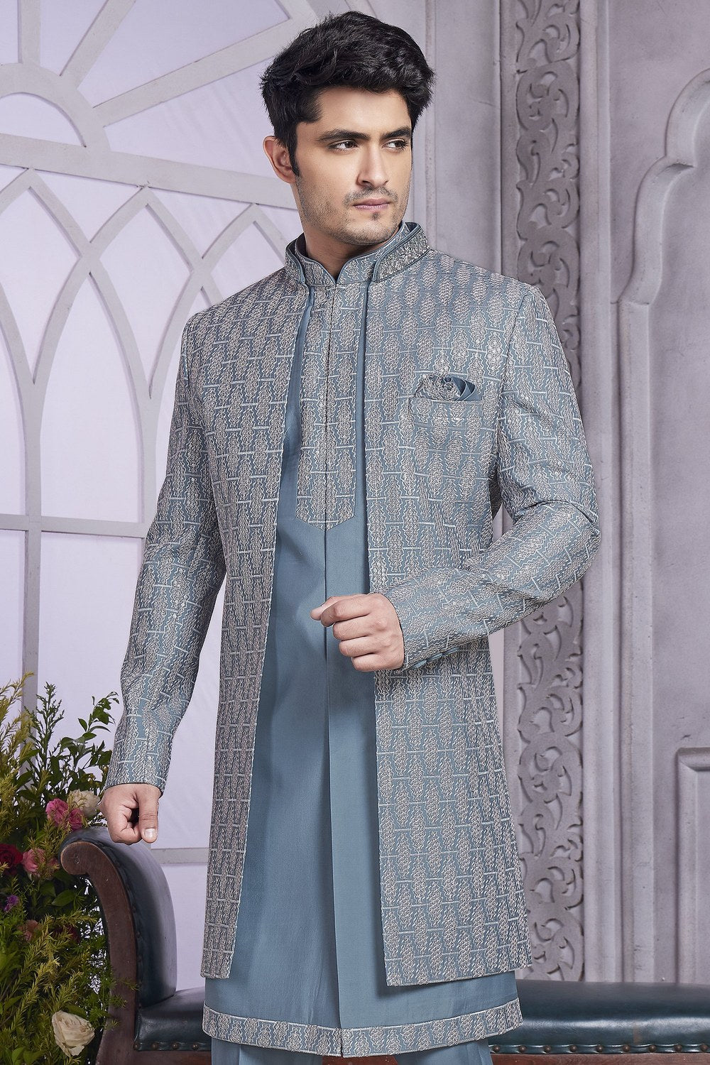 Blue Gray Art Silk Indo Western Traditional Sherwani Kurta with Jacket & Pant for Men for Wedding - Embroidery Work - close-up view