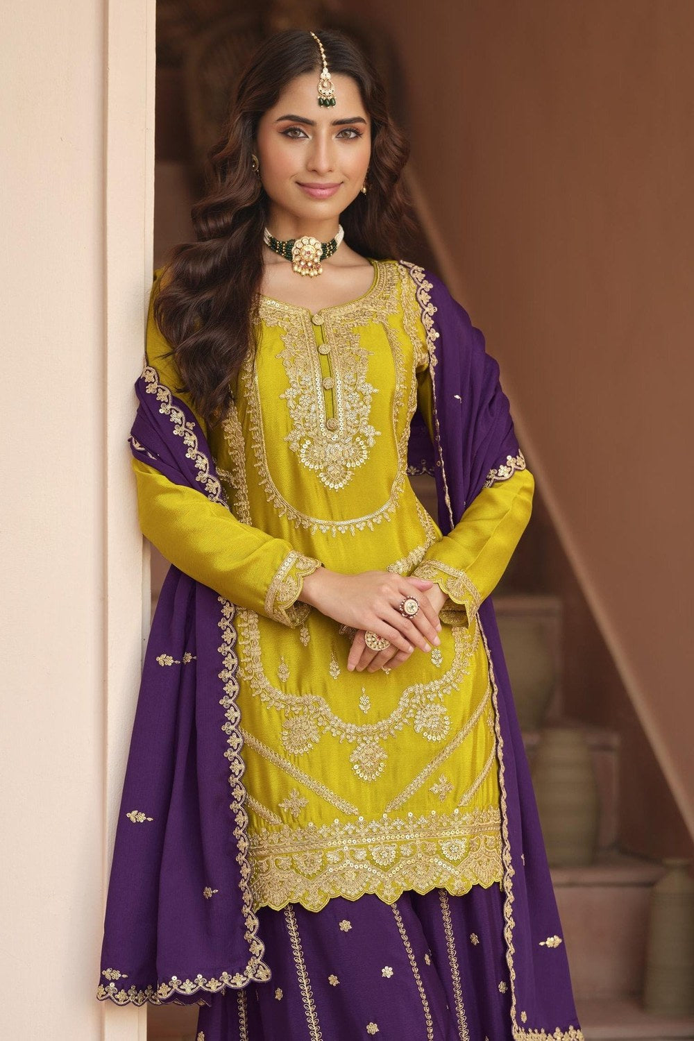 Yellow Mustard Chinon Silk Plazo Suit For Indian & Pakistani Wedding Festival - Dori Work, Sequence Embroidery Work - close-up view