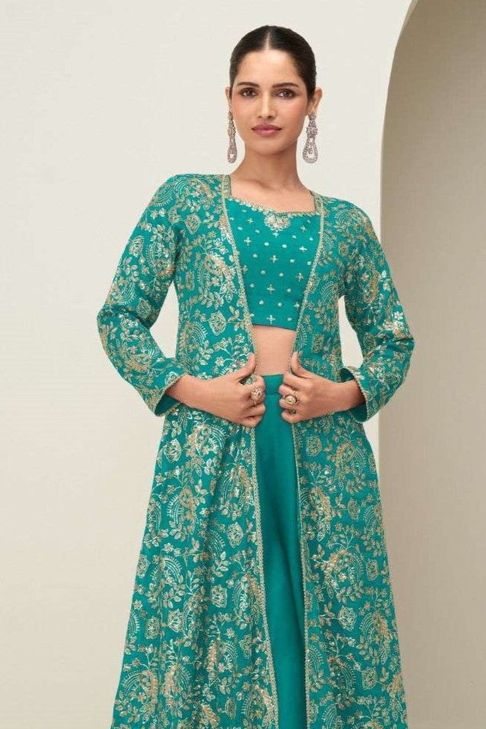Sea Green Chinon Silk Crop Top with Long Jacket and Palazzo Set - close-up view