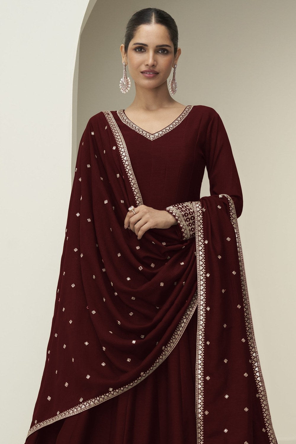Maroon Premium Silk Anarkali Dress for Wedding with Thread & Sequins Work - close-up view