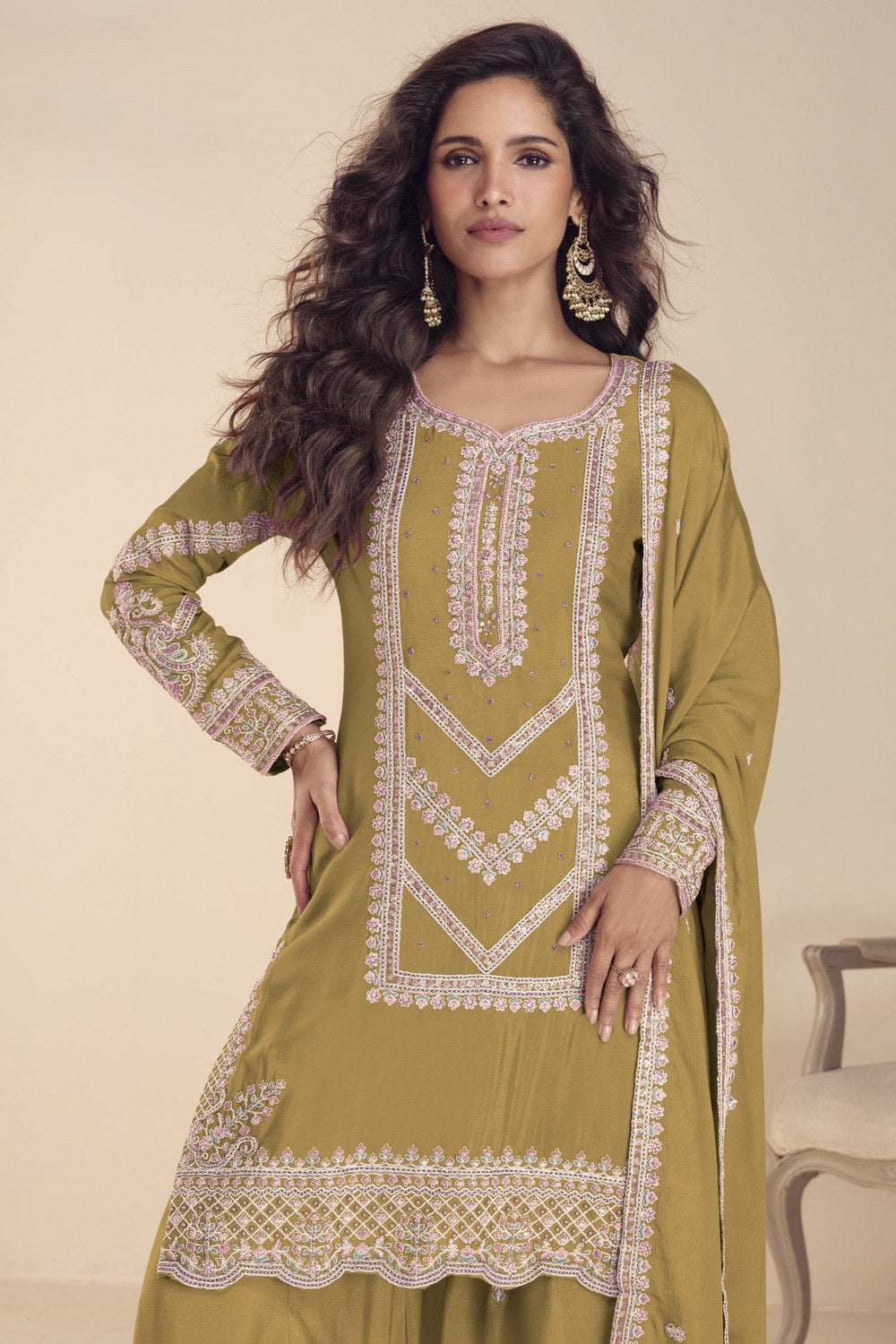 Mustard Indian Wedding Dresses: Chinon Silk Palazzo Suit with Moti & Thread Embroidery - close-up view