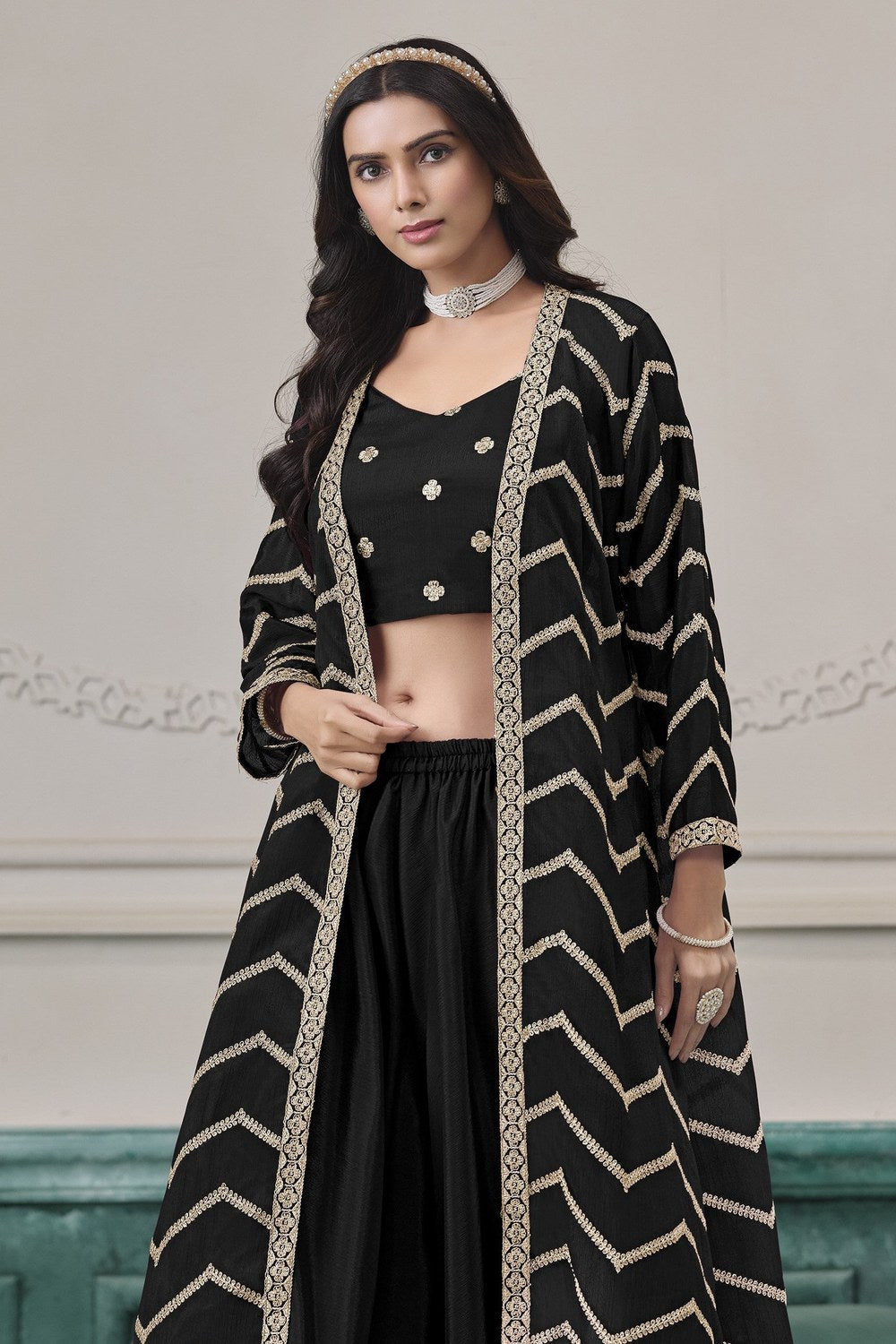 Black Chinon Silk Thread Work Crop Top with Jacket and Palazzo - close-up view