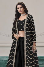 Black Chinon Silk Thread Work Crop Top with Jacket and Palazzo - close-up view