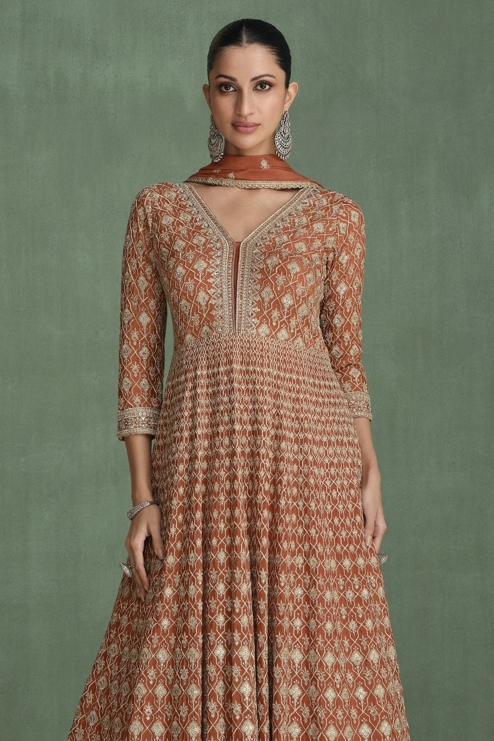 Brownish Orange Georgette Indian Bridesmaid Gown with Dupatta - Embroidery Work, Swarovski Work - close-up view