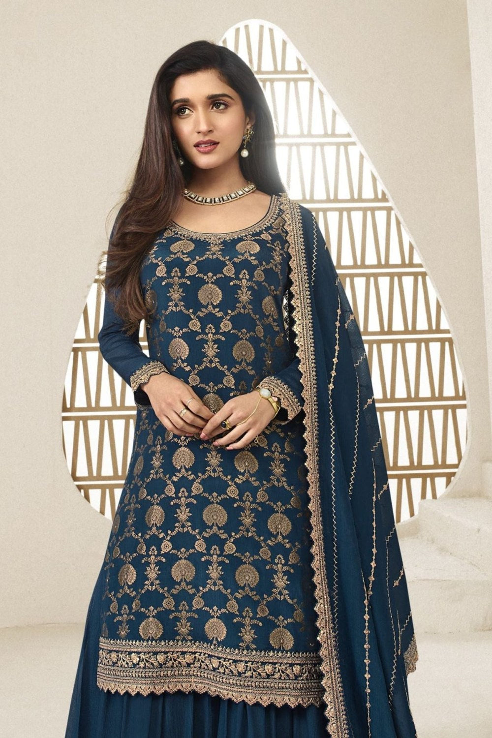 Teal Jacquard Silk Palazzo Suit For Indian Festivals & Pakistani Plazo Weddings Dress - Embroidery Work - close-up view