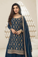 Teal Jacquard Silk Palazzo Suit For Indian Festivals & Pakistani Plazo Weddings Dress - Embroidery Work - close-up view