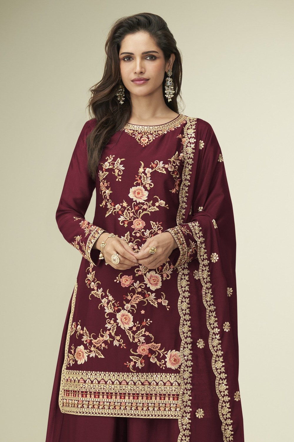 Red Chinon Silk Plazo Suits For Indian & Pakistani Wedding Festival - Thread Embroidery Work - close-up view