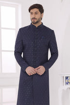 Navy Blue Art Silk Kurta Pajama for Male - Thread Embroidery - close-up view