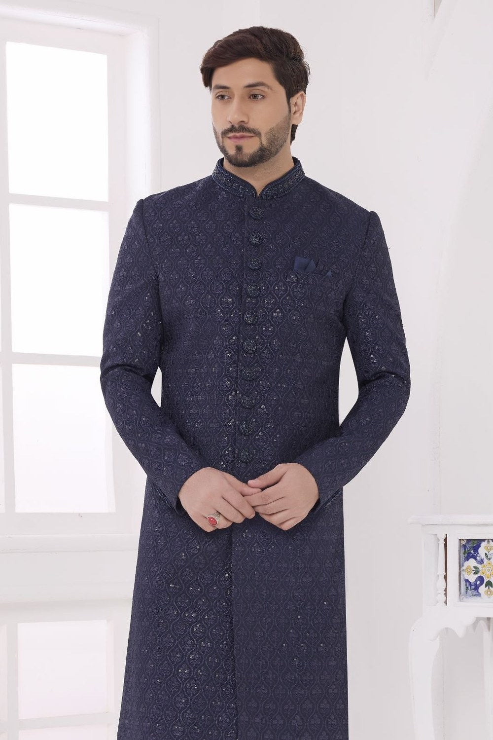 Navy Blue Art Silk Kurta Pajama for Male - Thread Embroidery - close-up view