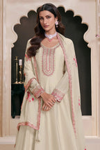 Cream Muga Silk Anarkali Suit For Indian & Pakistani Wedding Festival - Zari Work, Thread & Sequence Embroidery Work - close-up view