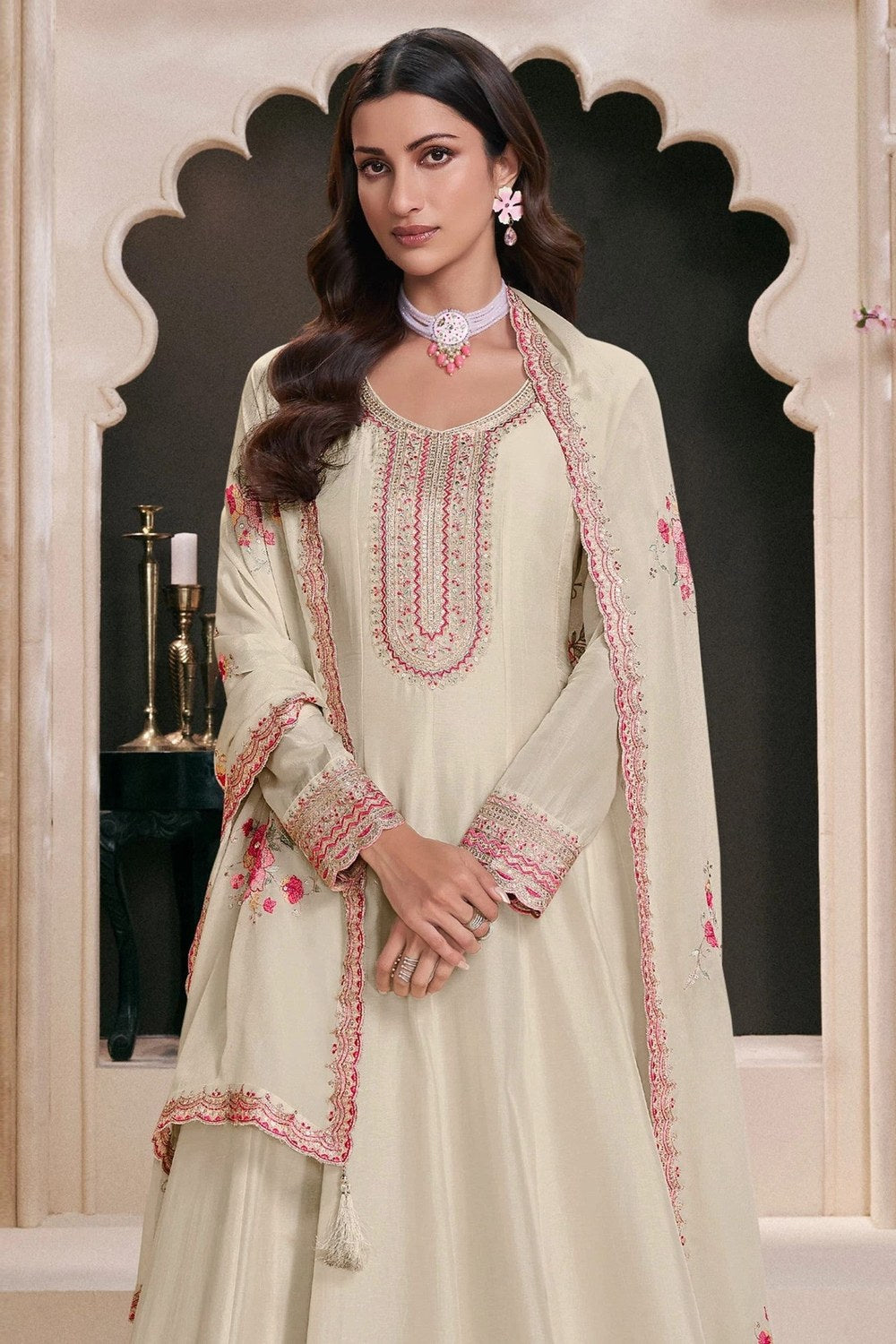Cream Muga Silk Anarkali Suit For Indian & Pakistani Wedding Festival - Zari Work, Thread & Sequence Embroidery Work - close-up view