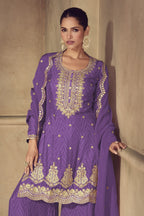 Purple Chinon Silk Palazzo Suit For Indian & Pakistani Wedding Festival - Thread & Sequence Embroidery Work, Print Work - close-up view