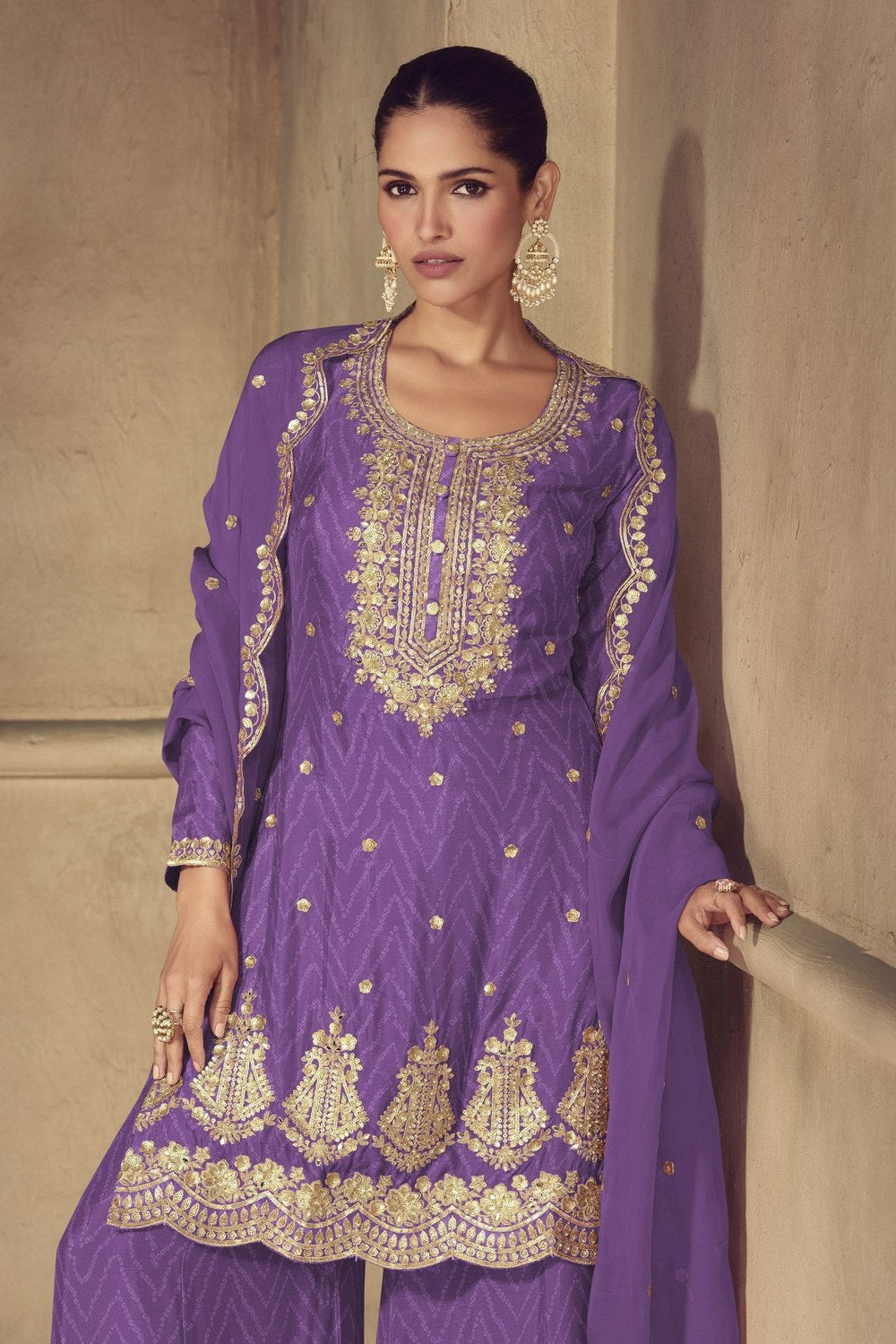 Purple Chinon Silk Palazzo Suit For Indian & Pakistani Wedding Festival - Thread & Sequence Embroidery Work, Print Work - close-up view