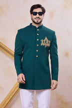 Dark Teal Art Silk Indo Western Clothes for Men with Zardozi Hand Work - close-up view