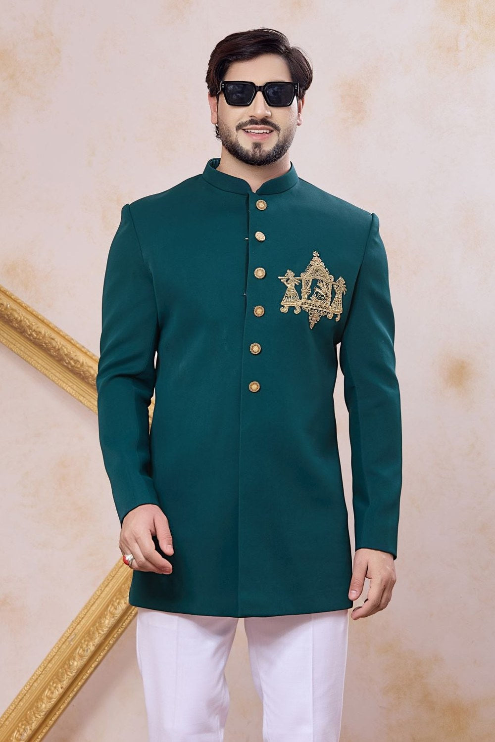 Dark Teal Art Silk Indo Western Clothes for Men with Zardozi Hand Work - close-up view
