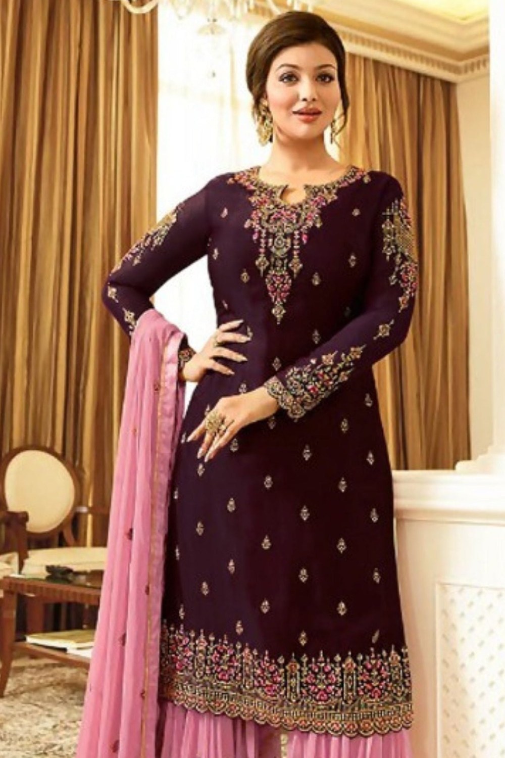 Wine Georgette Pakistani Sharara Suit for Wedding Party - Thread Embroidery Work - close-up view