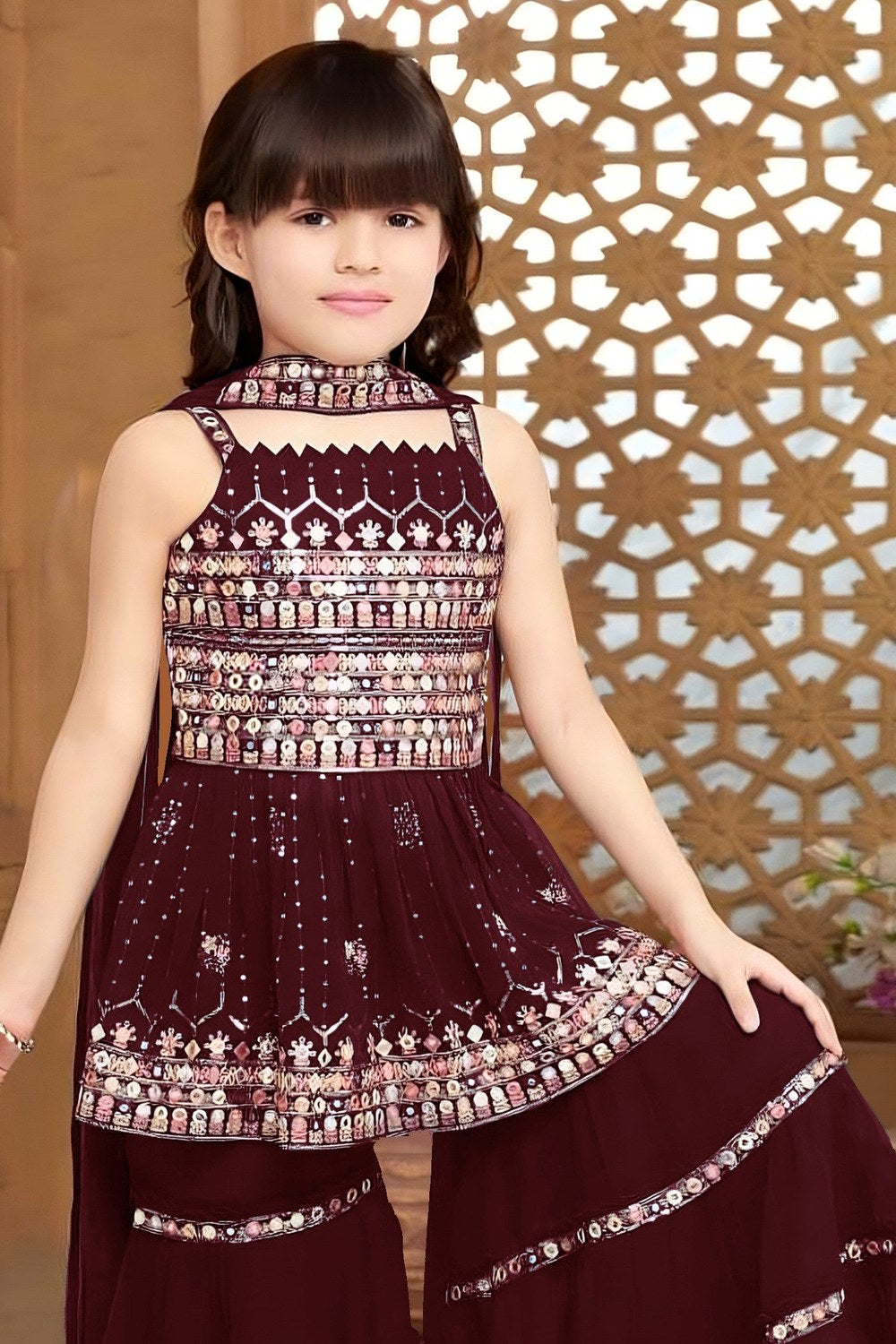 Maroon Crepe Kidswear Girl Kameez with Sharara Suit & Dupatta Dress for Kids for Wedding - Thread & Sequins Embroidery Work - close-up view