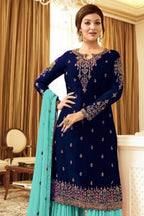 Blue Georgette Pakistani Gharara Suit for Wedding - Thread Embroidery Work RTS - close-up view