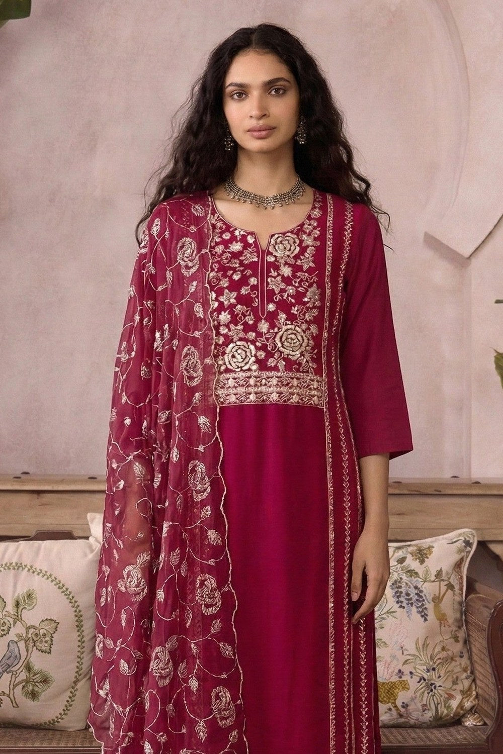 Sangeet Dress for Women - Hot Pink Organza Kameez Pant with Embroidery Work - close-up view