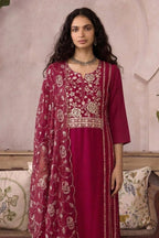 Sangeet Dress for Women - Hot Pink Organza Kameez Pant with Embroidery Work - close-up view