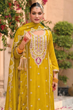 Yellow Chinon Silk Kameez With Palazzo Suit For Indian & Pakistani Wedding Festival - Thread & Sequence Embroidery - close-up view