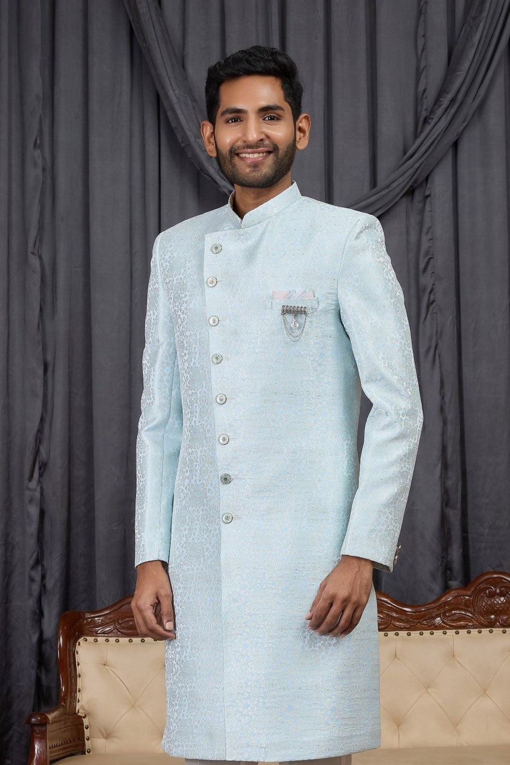 Light Blue Jacquard Sherwani - Kurta and Pajama for Mens - close-up view
