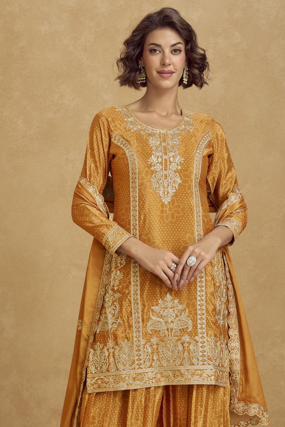 Mustard Yellow Chinon Silk Palazzo Suit For Indian Wedding & Pakistani Festival - Embroidery Work - close-up view
