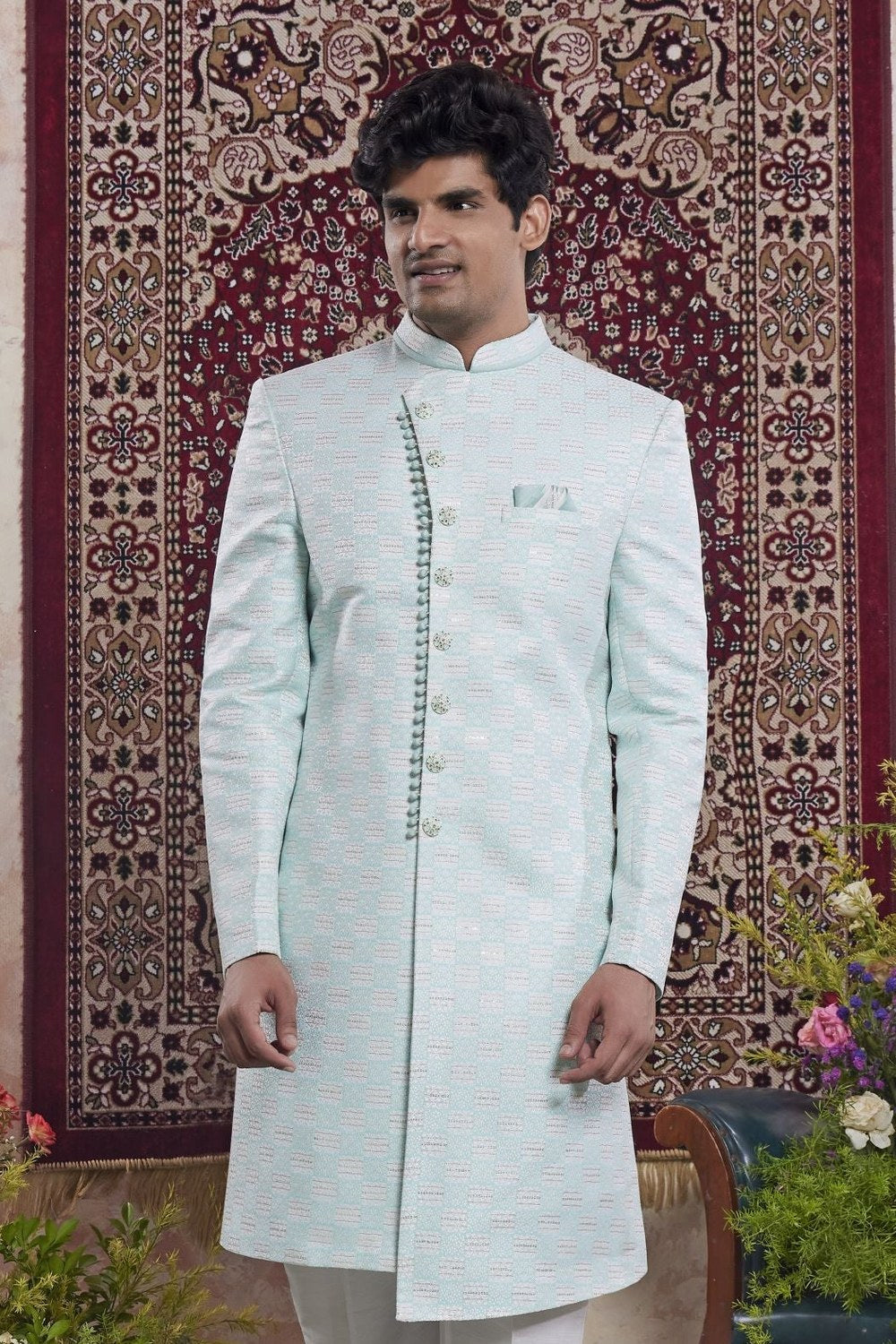 Light Sky Jacquard Indo Western Mens Indian Wedding Attire - close-up view