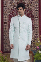 Light Sky Jacquard Indo Western Mens Indian Wedding Attire - close-up view