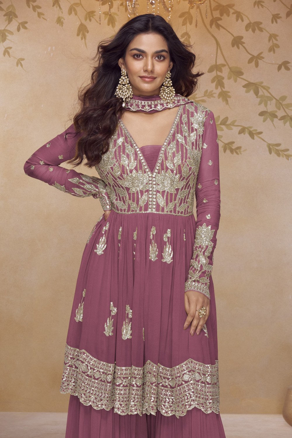 Burgundy Latest Plazo Design for Wedding with Embroidered Chinon Silk - close-up view