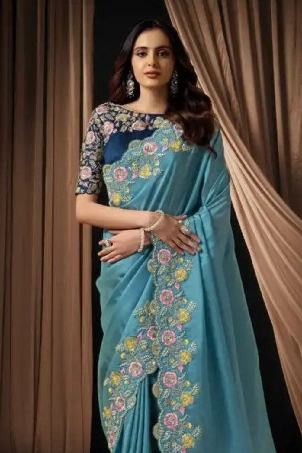 Teal Pearl Handwork Saree for Wedding Guest in Slub Silk with Thread Work - close-up view