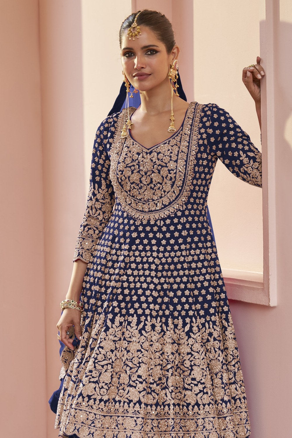 Pakistani Dress Navy Blue Georgette Kameez with Skirt - close-up view