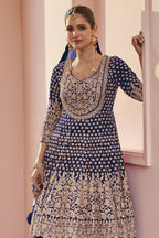 Pakistani Dress Navy Blue Georgette Kameez with Skirt - close-up view