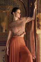 Orange Chinon Silk Plazo Suit For Indian Weddings & Pakitani Festival - Embroidery Work - close-up view