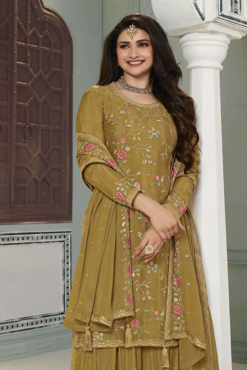 Mustard Chinon Silk Floral Plazo Suit For Indian Festivals & Pakistani Weddings Dress - Embroidery Work - close-up view