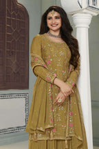 Mustard Chinon Silk Floral Plazo Suit For Indian Festivals & Pakistani Weddings Dress - Embroidery Work - close-up view