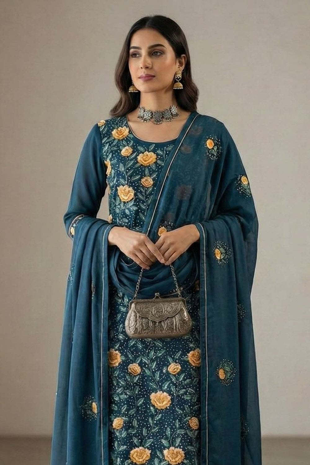 Teal Green Georgette Kameez With Pant For Indian & Pakistani Wedding Festival - Thread & Sequins Embroidery Work - close-up view